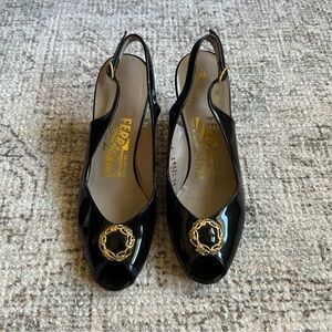 Salvatore Ferragamo Black Patent Heels with Gold Detail